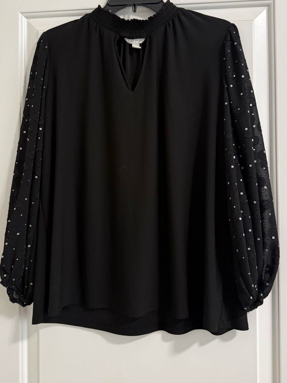 Black Blouse with Sheer Polka-Dot Puff Sleeves